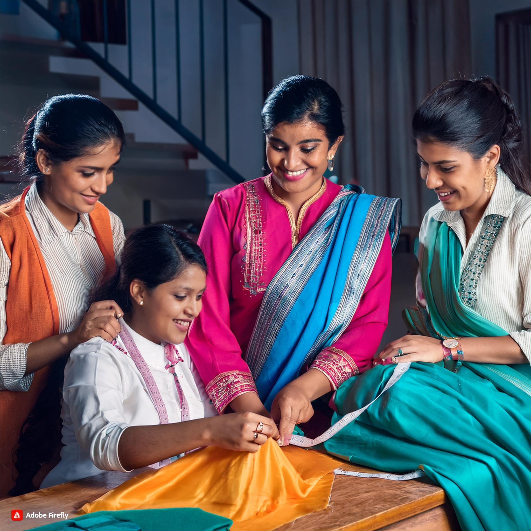 Firefly a group of indian women stitching school uniforms, dresses, cutting fabric, all with a brigh (1)