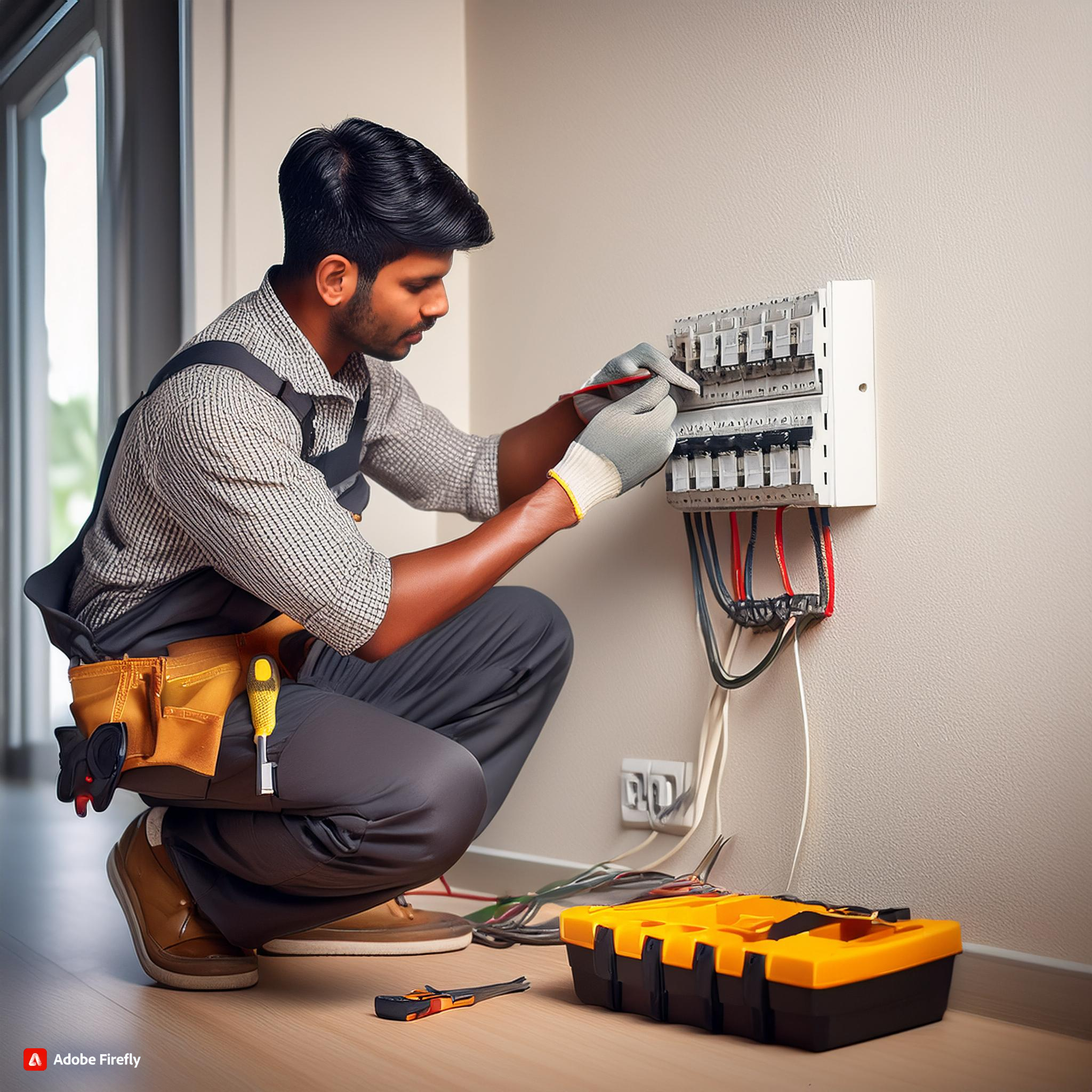 Firefly electrician with a toolboz fixing a switch board at home 98603