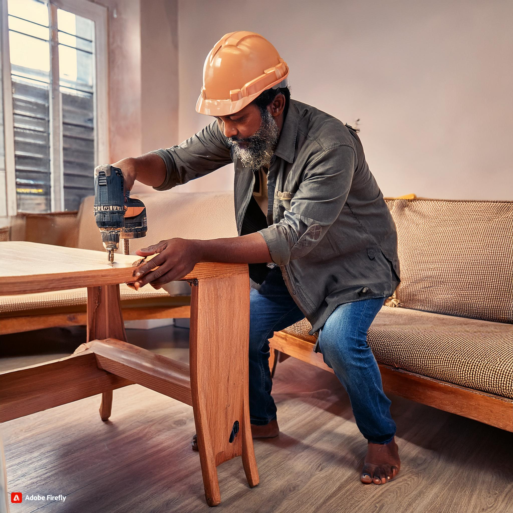 Firefly indian carpenter working on fixing a sofa, dining table and furniture 81150