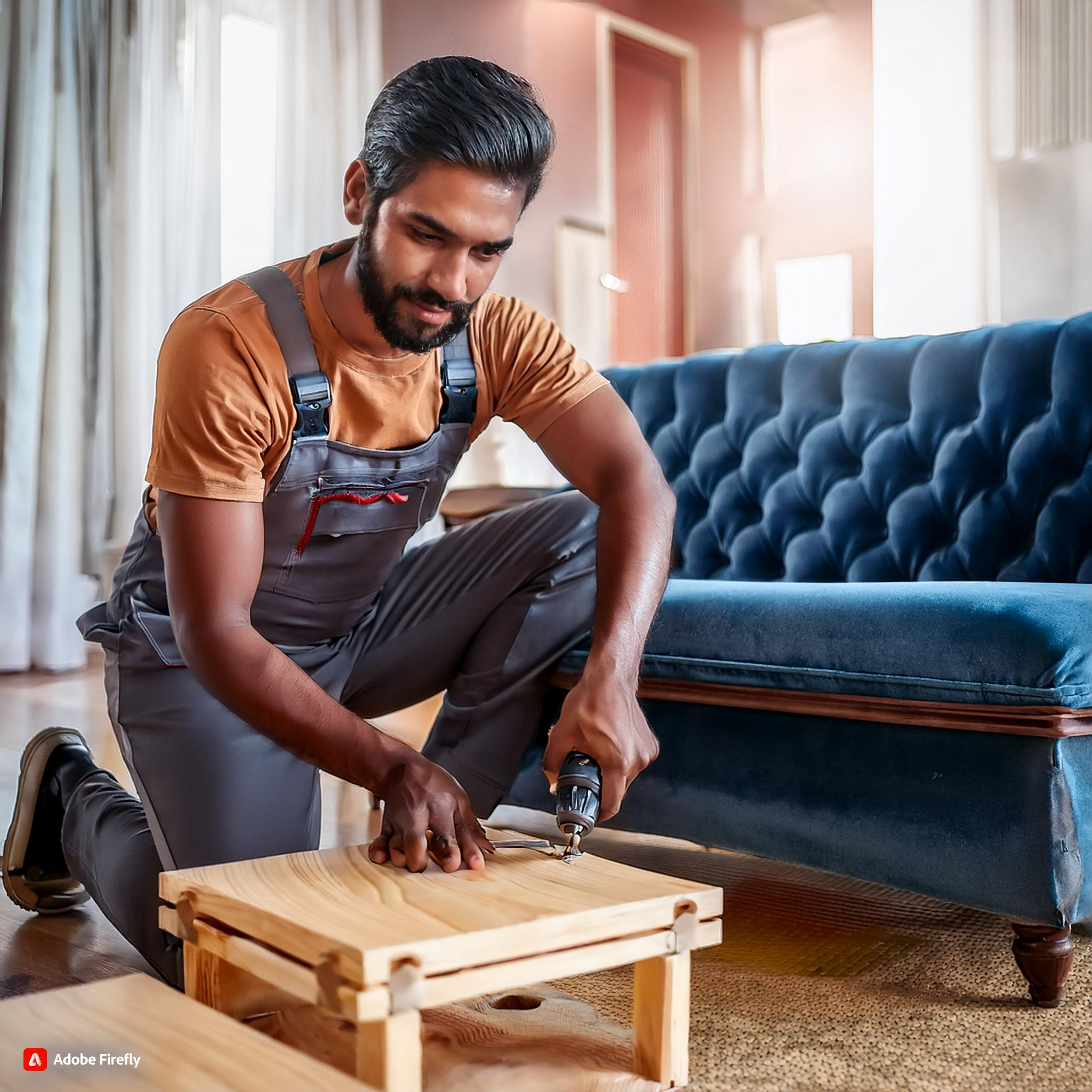 Firefly indian carpenter working on fixing a sofa, dining table and furniture 9785