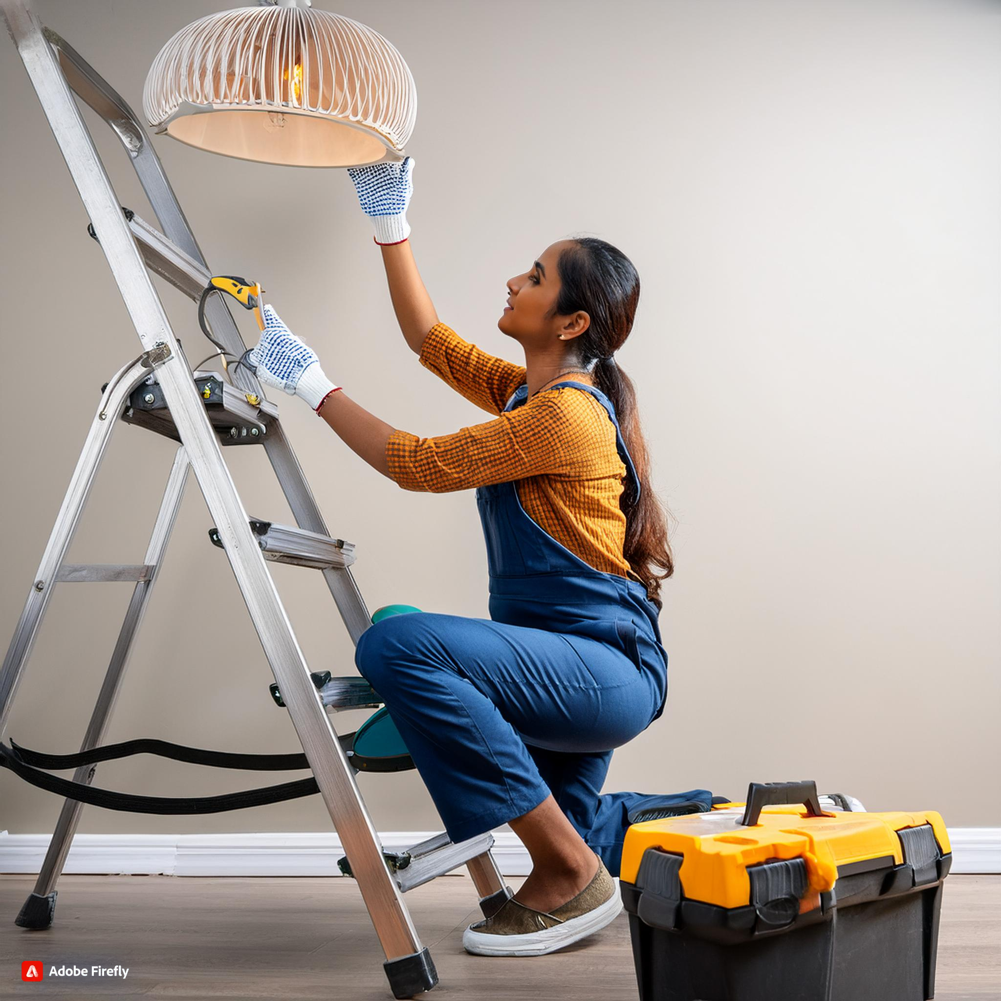 Firefly indian electrician fixing a chandelliar stnading on a ladder with toolbox 4923