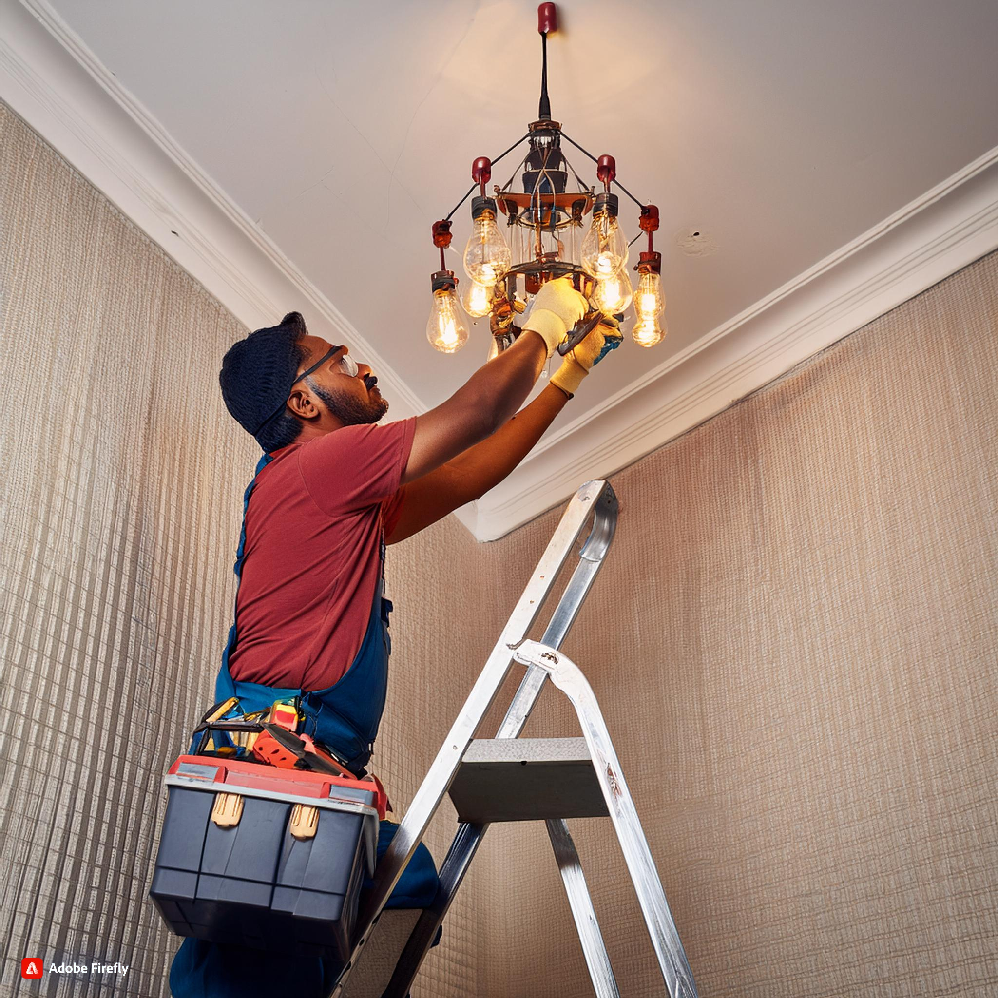 Firefly indian electrician fixing a chandelliar stnading on a ladder with toolbox 81150