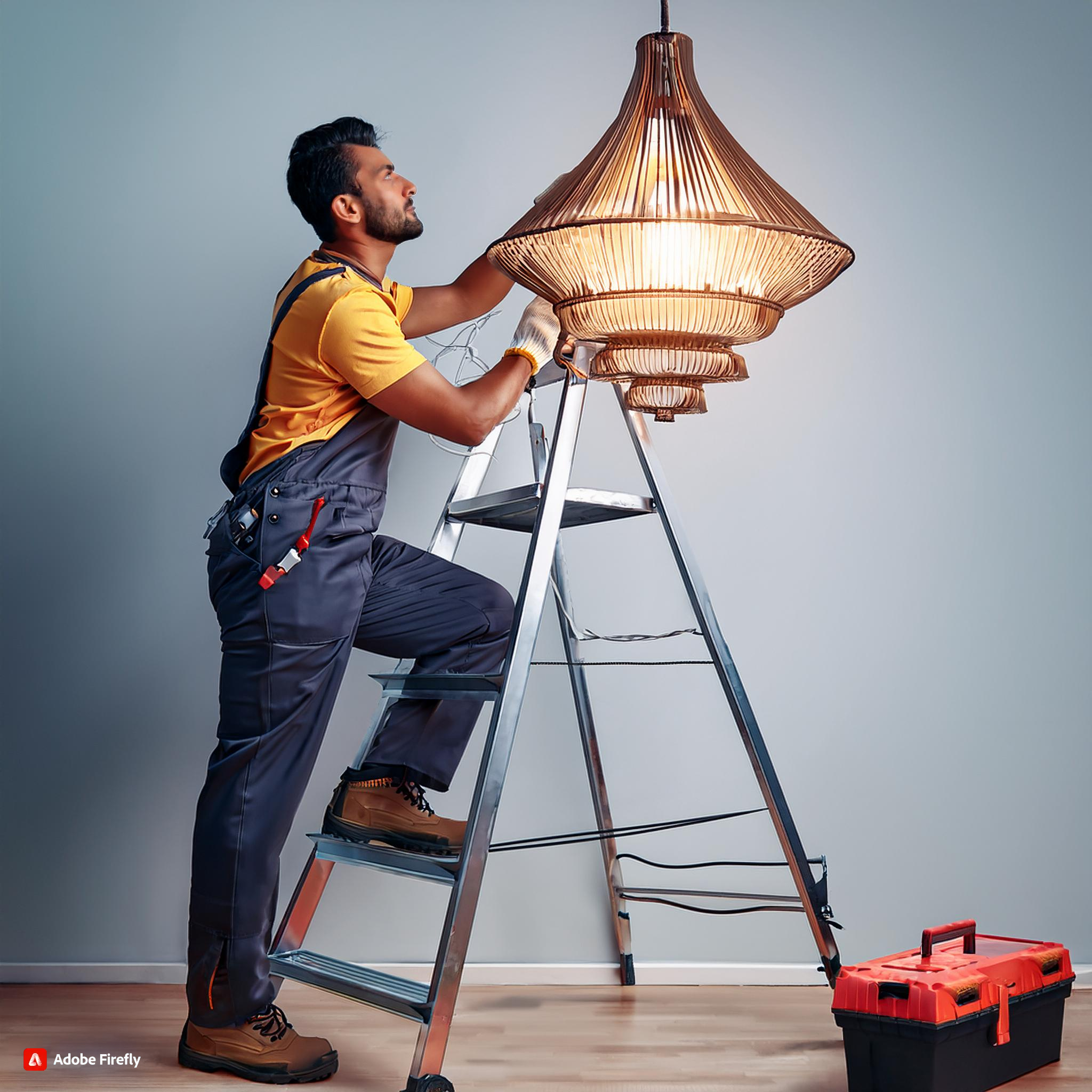 Firefly indian electrician fixing a chandelliar stnading on a ladder with toolbox 9785