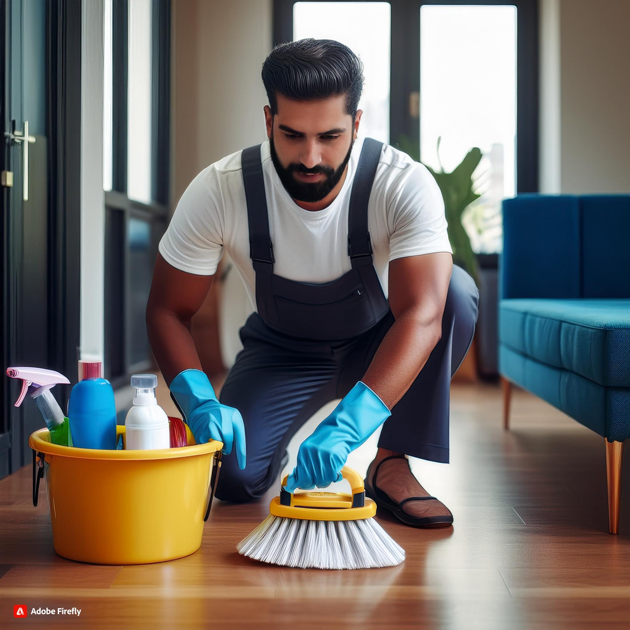 Firefly indian home service man cleaning a floor of a flat with all cleaning brushes, bucket and det