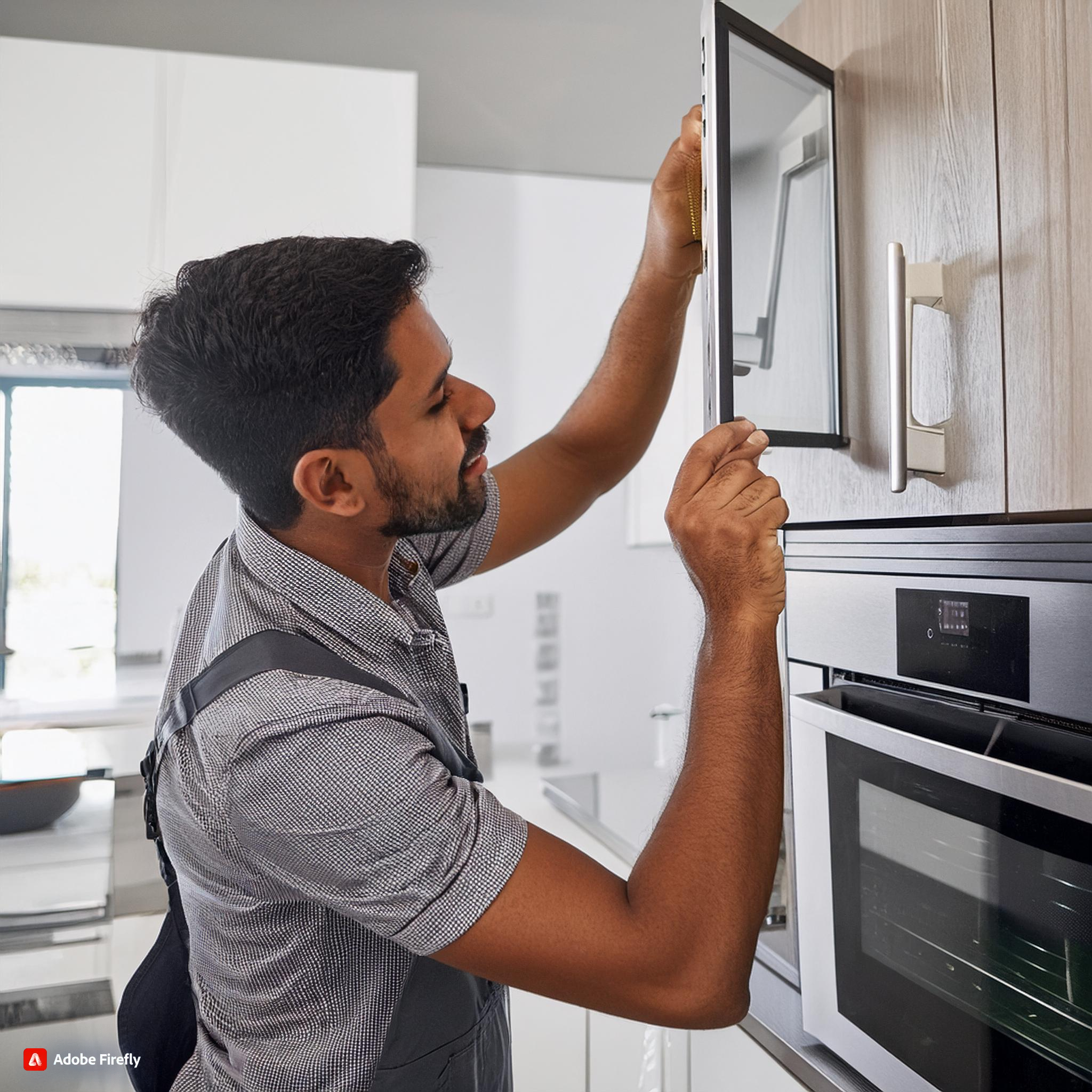 Firefly indian man installing a television, refridgerator, washing machine, kitchen hob 24933