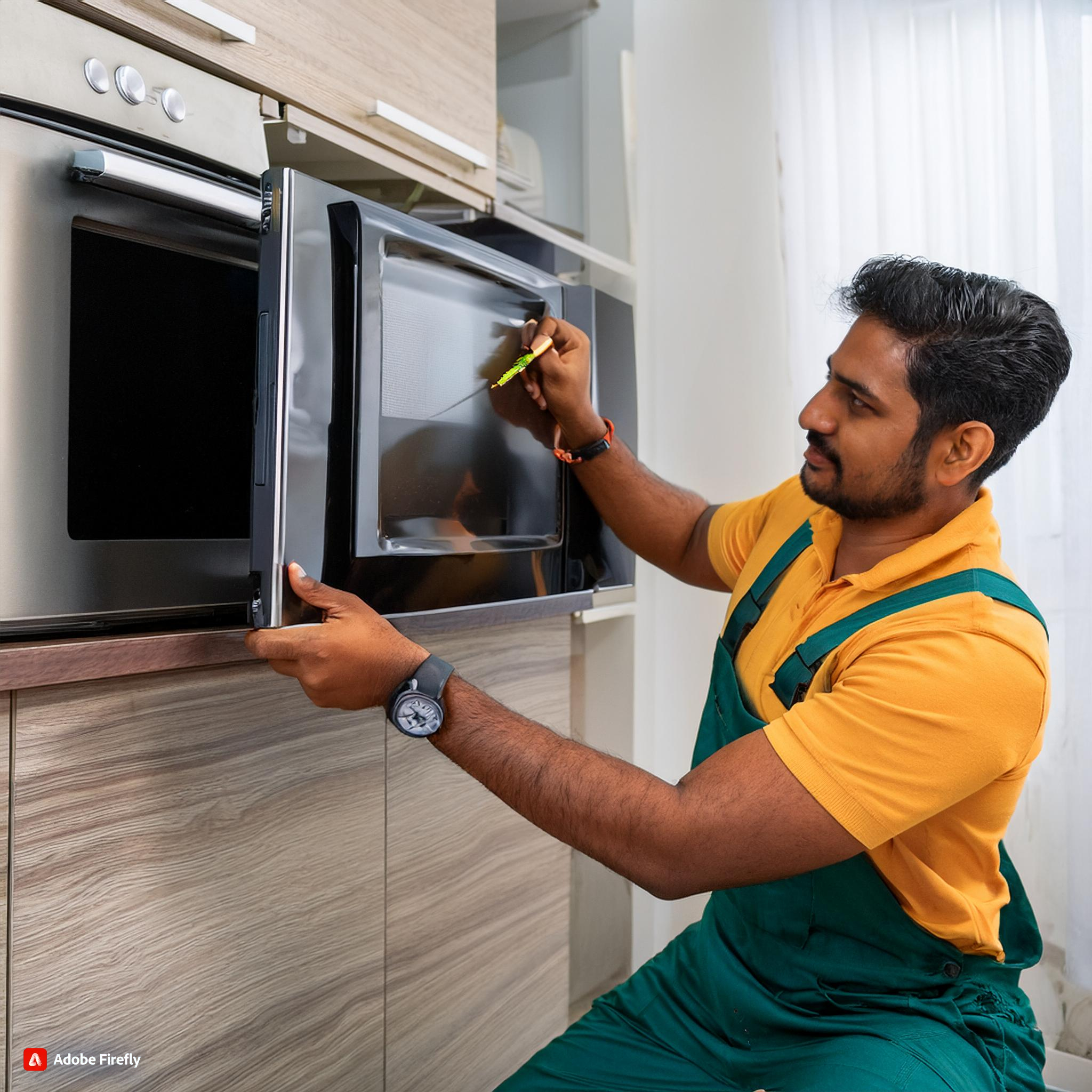 Firefly indian man installing a television, refridgerator, washing machine, kitchen hob 4923