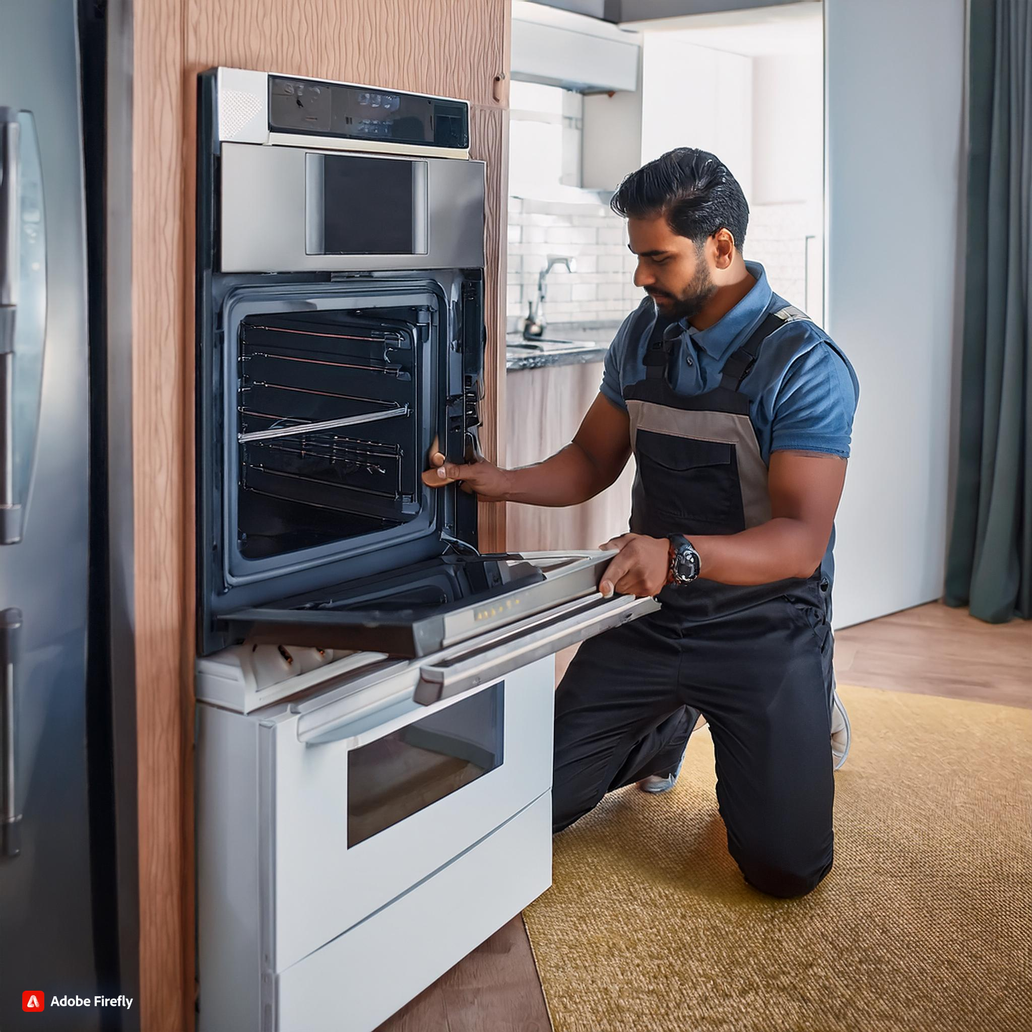 Firefly indian man installing a television, refridgerator, washing machine, kitchen hob 9785