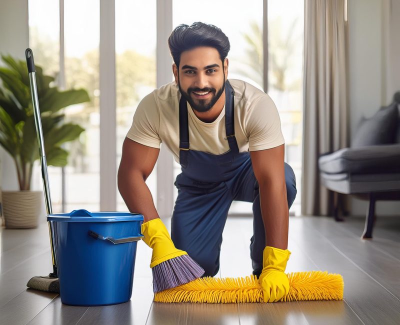 Firefly indian home service man cleaning a floor of a flat with all cleaning brushes, bucket and det (1)